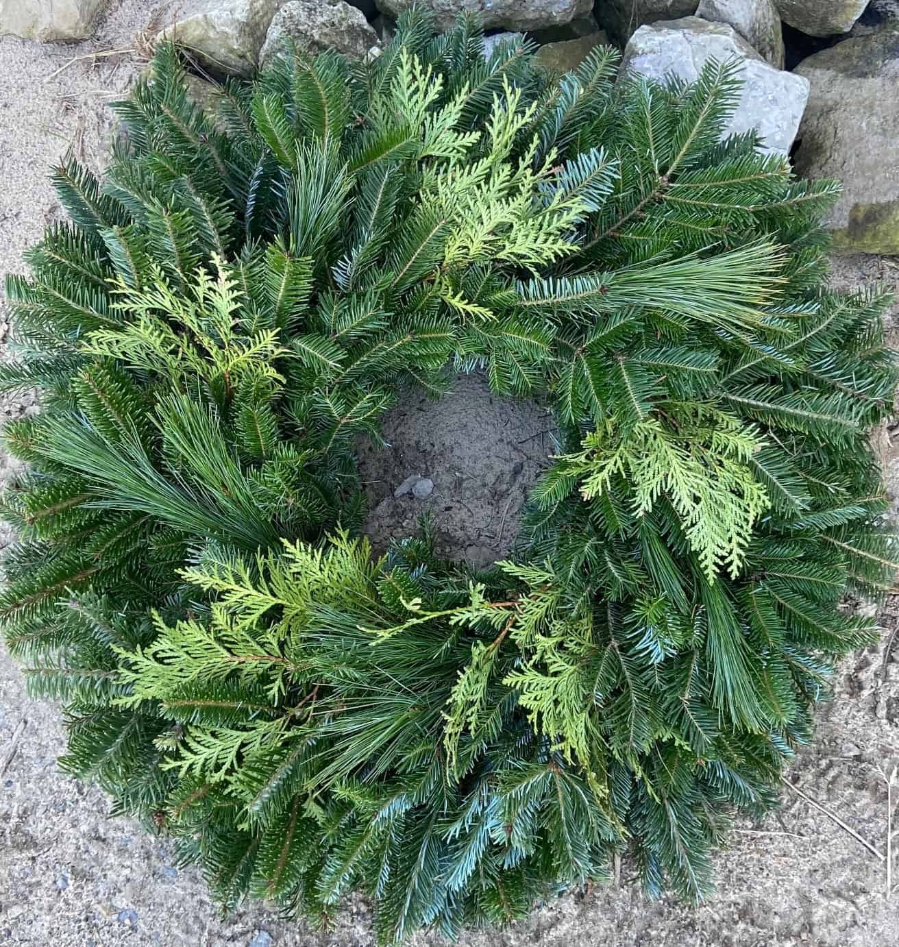 evergreen wreath made from balsam fir, pine, and cedar clippings